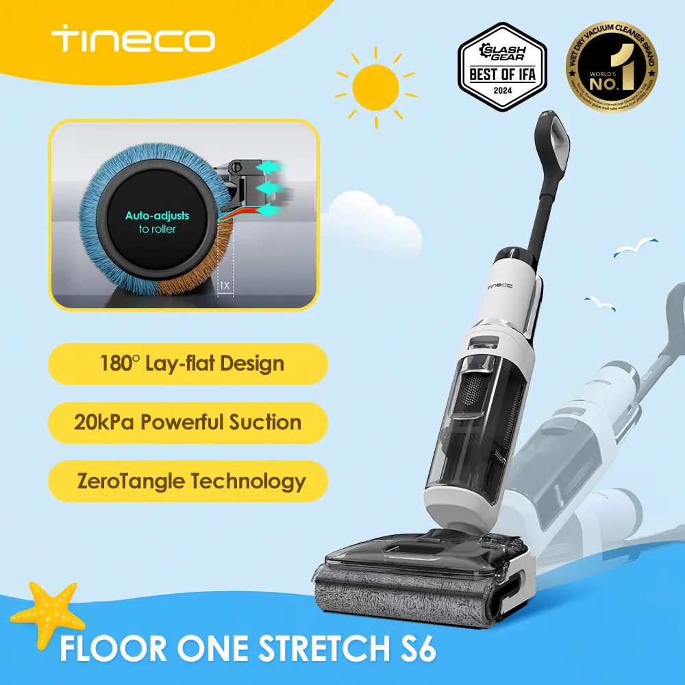 Tineco Floor ONE STRETCH S6 Wet Dry Vacuum Cleaner, 180°Lay-flat, 5.1 inch Compact Design,158℉ Flashdry Self-Cleaning in 5min, Long Runtime, Dual-Sided Edge Cleaning, Enhanced Cleaning Flexibility