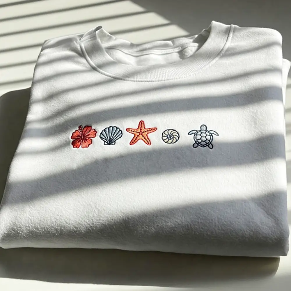 Sea Shells Embroidered Crewneck | Minimalist Beach Sweatshirt | Nautical Summer Pullover | Coastal Ocean Lover Gift | Surf Style Vacation Sweatshirt