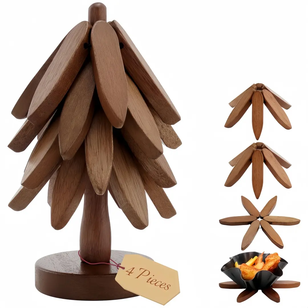 Wooden Trivets for Hot Dishes -  Coasters Set, Tree Shape Trivet With Stand, Heat-Resistant Kitchen Decor for Pots, Bowls, Coffee & Teapots-Cute Kitchen Stuff