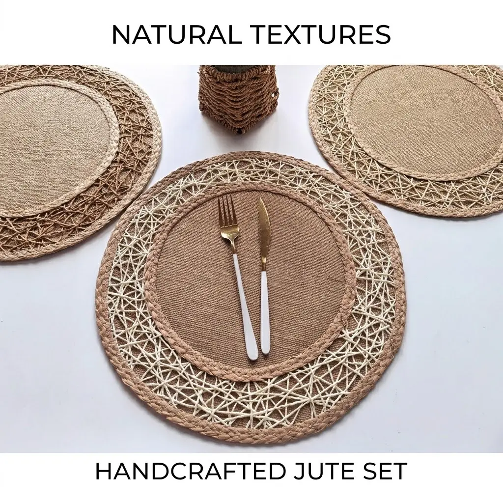 Handcrafted Hollow-Woven Edge Round Jute Placemat Set, Heat-Resistant Tableware for Dining Table Home Kitchen Decor