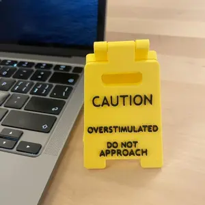2Pcs Funny Caution Overstimulated Desk Sign, Do Not Approach Warning Office Decor, Home Decor, Office Decoration, Introvert WFH Desk Accessories - Yellow Sign with Black Text, Humor Gag Gift for Coworkers, Boss & Employees, Mini Novelty Funny Desk Decor