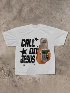 Men's Regular Fit Call on Jesus Print Round Neck Tee, Casual Short Sleeve T-Shirt for Daily Wear, Men's Top for All Seasons, Casual Style Tee