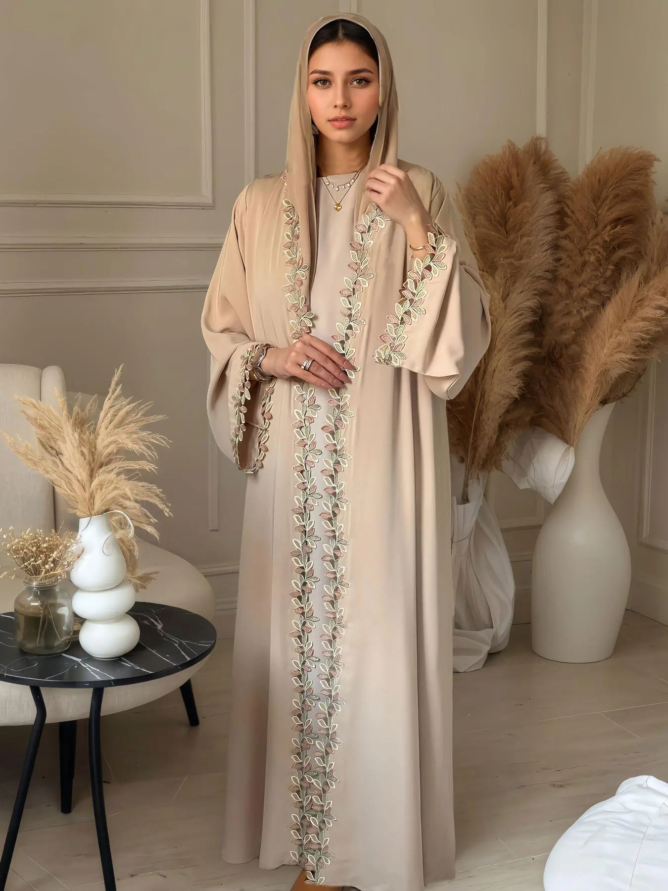 Women's Leaf Embroidery Abaya, Modesty Traditional Loose Fit Abaya, Elegant Long Sleeve Open Front Abaya for Women, Ladies Islamic Clothing for Daily Wear
