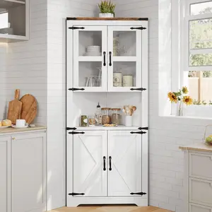 Tall Corner Cabinet, Farmhouse Corner Storage Cabinet with Glass Door & Adjustable Shelves, Space Saving Storage for Living Room, Kitchen, Bathroom, White
