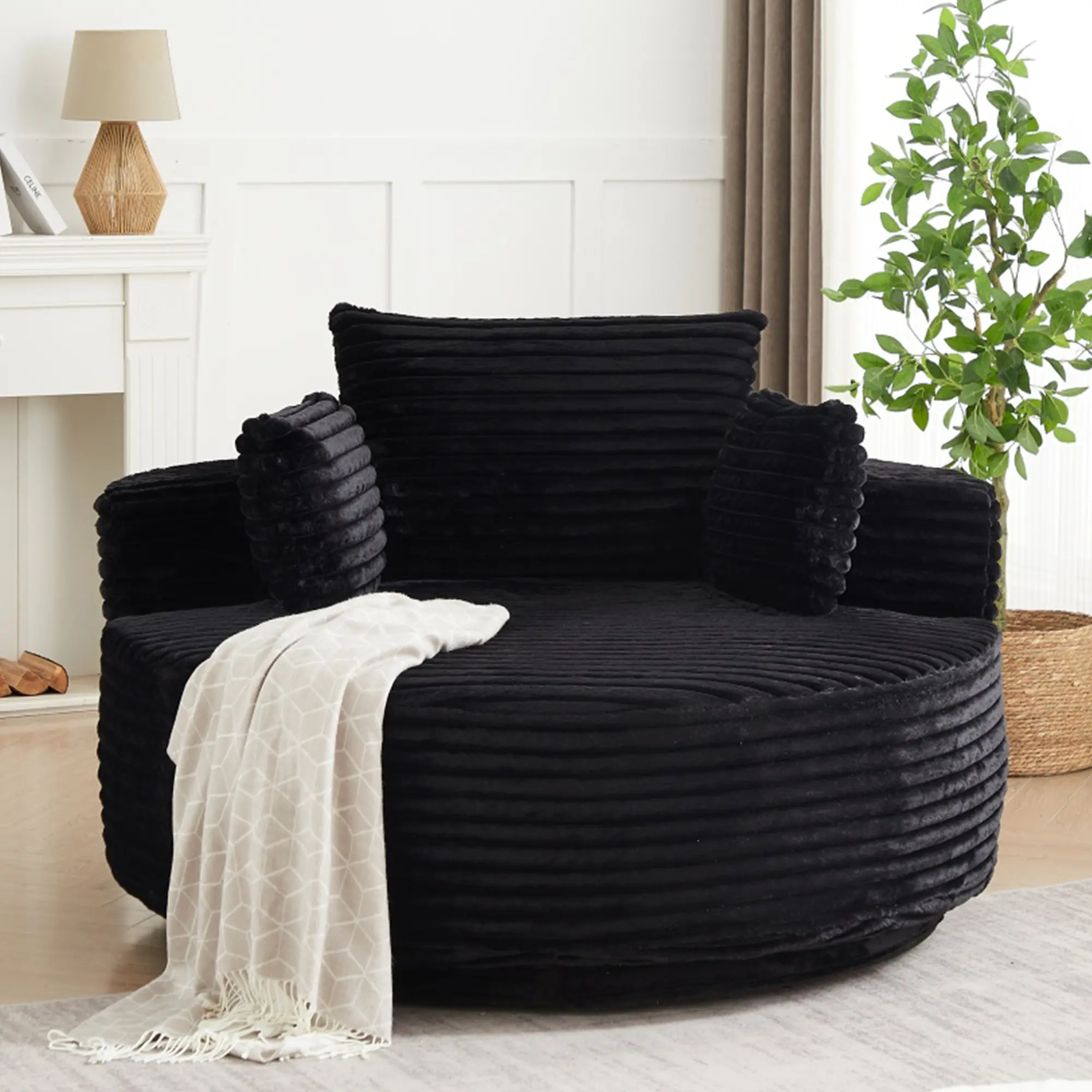 55"Oversized Round Chaise Longue Chair Indoor, 360 Degree Swivel Chair, Modern Upholstered Corduroy Deep Seat Circle Single Cloud Lounge Floor Sofa Chair for Living Room, Bedroom Apartment, Black