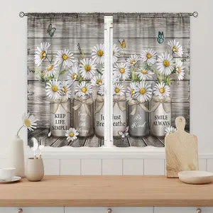 2pcs Farmhouse Floral Kitchen Curtains Rustic Country Vintage Flower Daisy Wooden Inspirational Small Short Cafe Curtain Rod Pocket Window for Bedroom Office Kitchen Living Room Study Home Decor