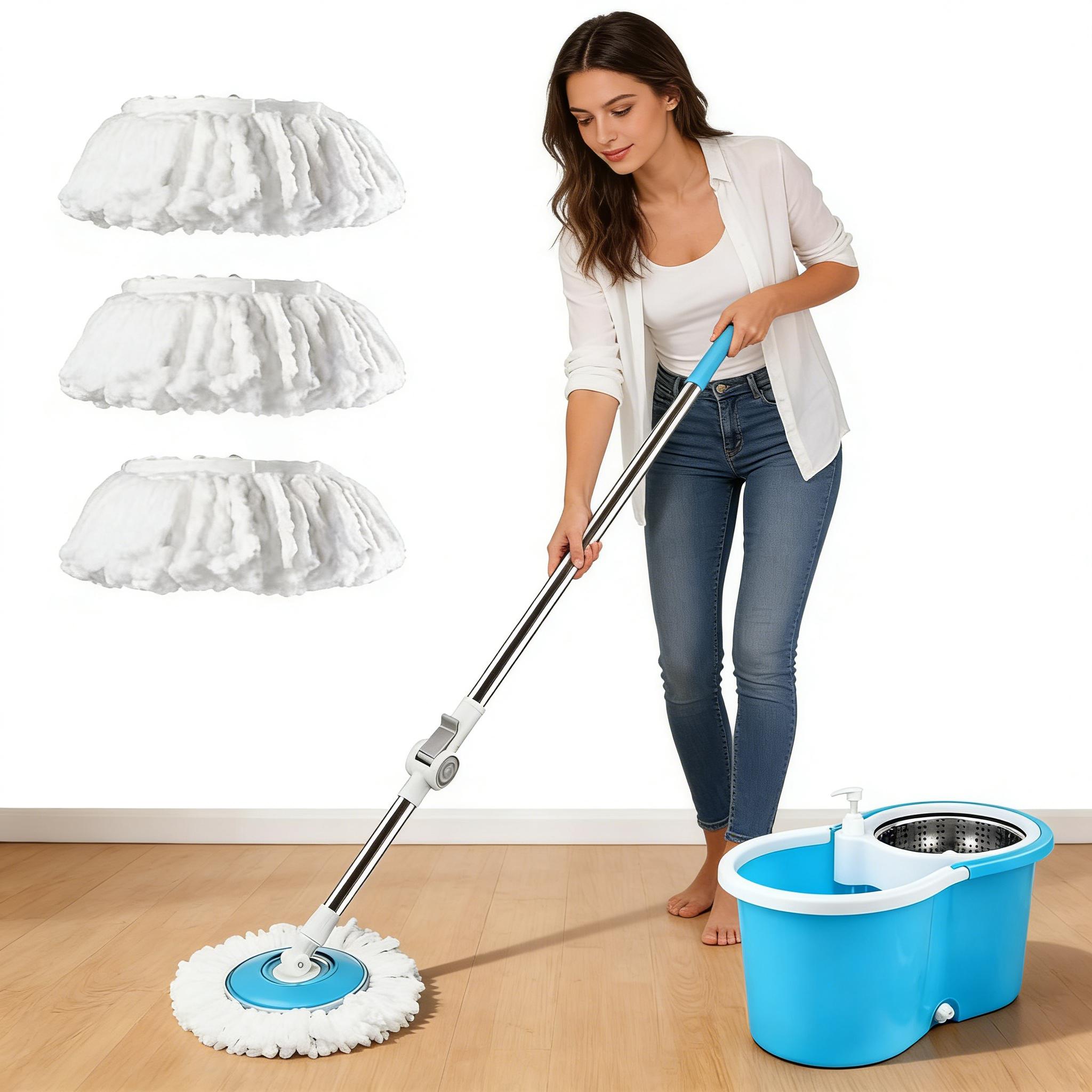 360° Rotating Telescoping Handle Mop System with Integrated Wringer Bucket & Microfiber Round Mop Head for Efficient Ergonomic Floor Cleaning Kitchen Stainless Steel