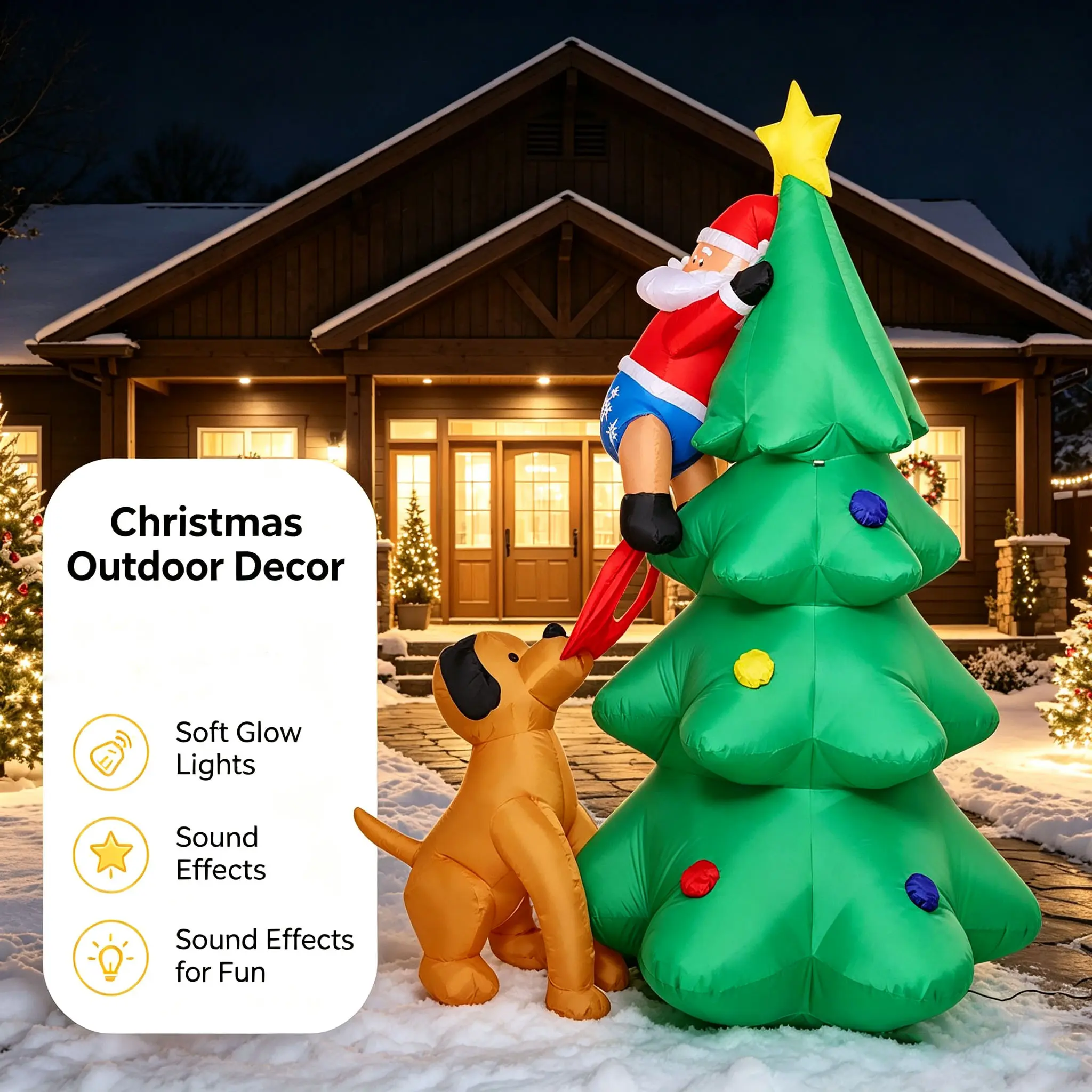 Christmas Inflatable Decor Bundle, Santa & Dog Christmas Tree and Snowman , Built-in LED Lights & Sound Effect, Blow Up Ornaments for Christmas Party, Outdoor Yard & Lawn Decoration