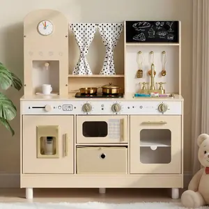 VEVOR Play Kitchen for Kids, Wooden, Kids Kitchen Playset with Realistic Lights & Sounds, Food & Cookware, Modern Style Pretend Play Toy Set, Ice Maker, Microwave, for Toddlers, Girls & Boys Ages 3-8