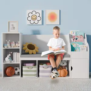 Topwin Reading Nook with Bench,Bookshelf and Bookcase with Seat Cushion and 9 Storage Cubbies,Toy Storage Box Organize Aesthetic Comfortable Nursery