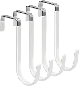 Over The Door Hooks, 4 Pack Hangers Hooks with Rubber Prevent Scratches Heavy Duty Organizer for Living Room, Bathroom, Bedroom, Kitchen Hanging Clothes, Towels, Hats, Coats, Bags White