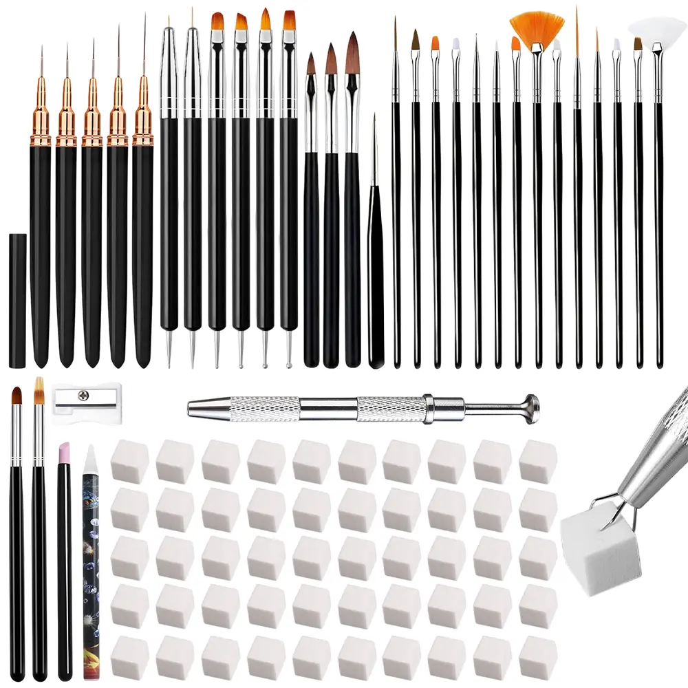 85 pcs professional nail brush set, including line drawing pen, dot drill pen, fan-shaped pen, flat head pen, mini sponge, suitable for nail technicians, beauty salons, and handicraft enthusiasts