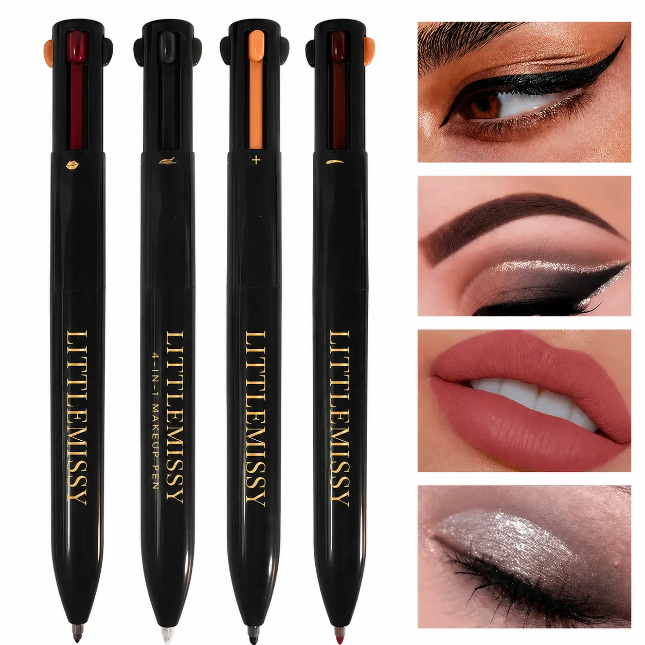 LittleMissy 4-In-1 Multifunctional Portable Makeup Pen, Eyeliner Lip Liner Highlight Eye Shadow Brow Pencil, 4 Interchangeable Tips, Full Face Application