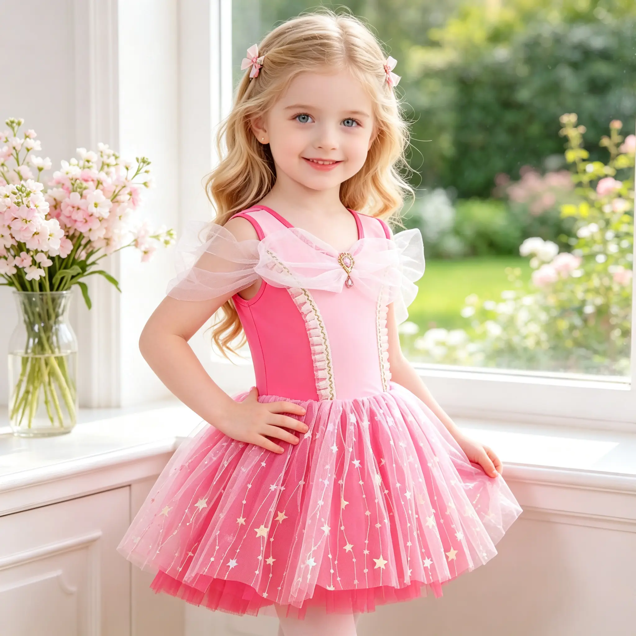 Girls Princess Ballet Tutu Dress, Sleeveless Star Tulle Ballerina Costume, Kids Sparkly Mesh Bow Dance Leotard Dress for Birthday Party Photo Shoot