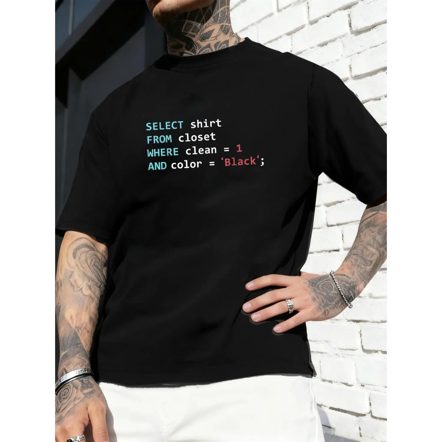 Men's Graphic T-Shirt with SQL & HTML Code Print, Vintage 100% Cotton Short Sleeve Streetwear Top for Web Developers, Computer Science Gift, Tops, Menswear