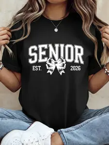 Graduation Bow Tie Printed T-Shirt, Graduating Class Commemorative Shirt, Perfect Gift for Daughter, Women's Casual Everyday Versatile Top