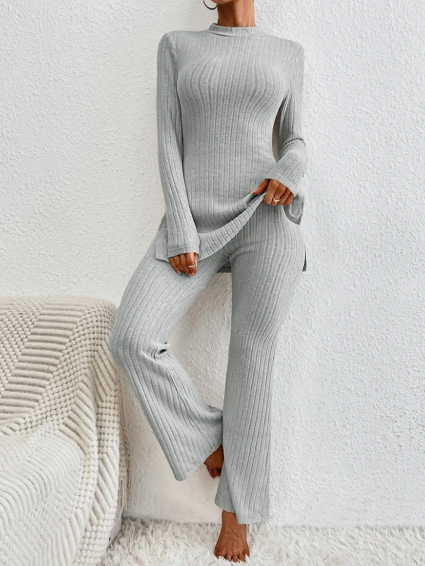 Women's Light & Thin Rib Knit Long Sleeve Split Mock Neck Top & Flare Leg Bell Bottom Pants Matching Pjs Pajamas Loungewear Set, Pyjamas Set for Daily Wear, for Spring & Fall, Elegance