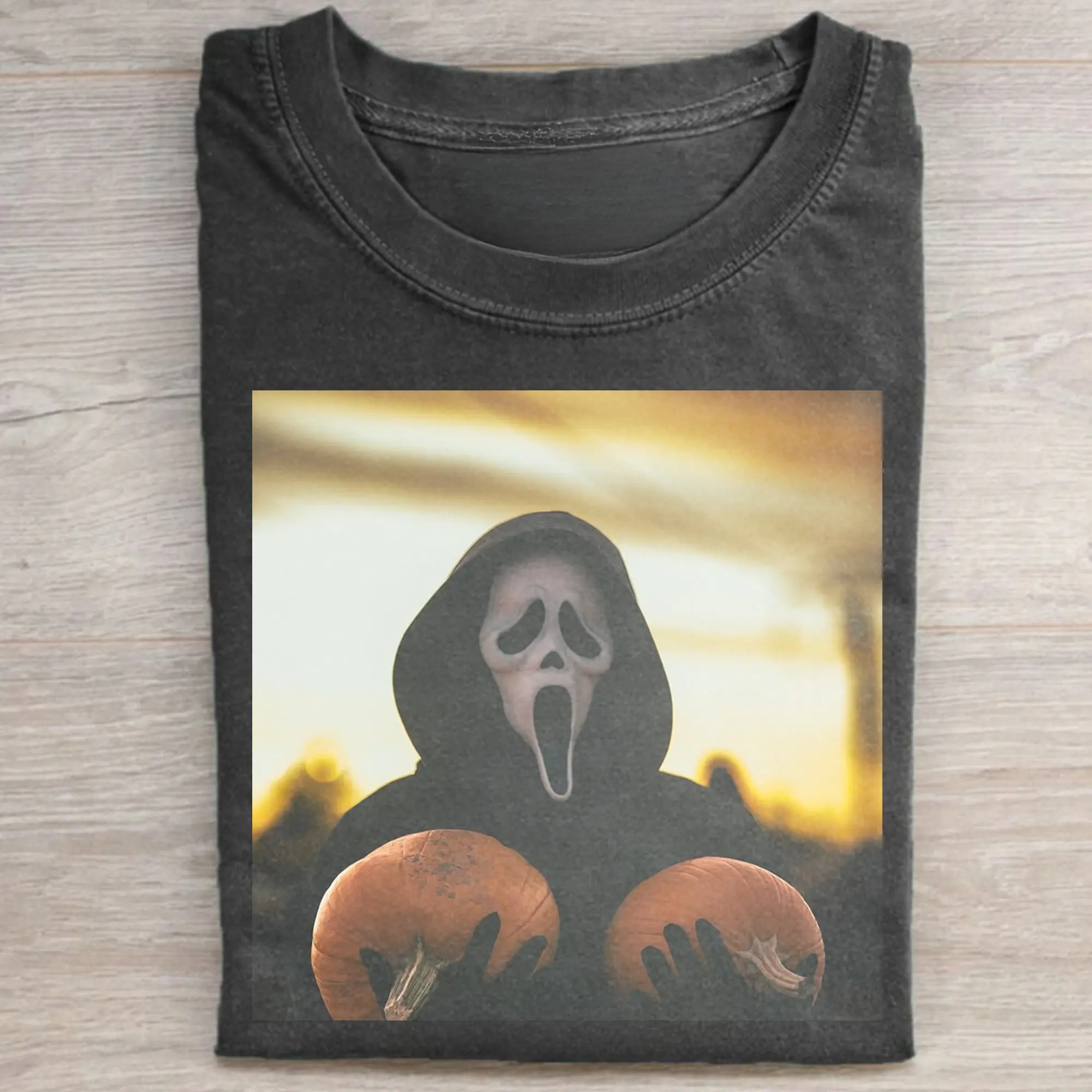 Vintage Ghostface with Pumpkins Graphic Tee - Scream Movie Shirt - Horror Movie Shirt - Cute Halloween Art Merch - Iconic Villains From Horror Films - Horror Movie Shirt - Spooky Season - Trick or Treat - Fall Season Casual Streetwear