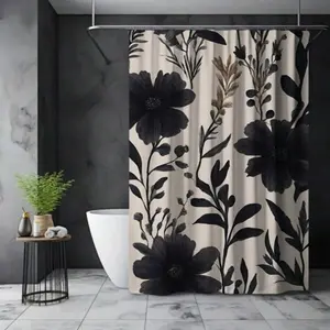 Gothic Floral Shower Curtain, Black & Beige Polyester Bathroom Decor, Machine Washable, No-Drill Hooks, Elegant All-Season Bath Curtain
