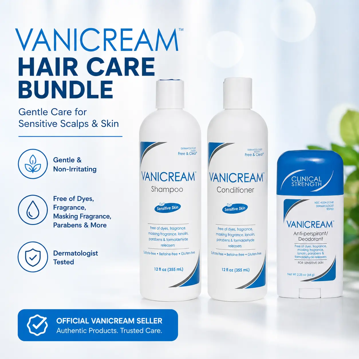 Vanicream 3-Piece Sensitive Skin Care Set - Shampoo Haircare Cleanser, Conditioner, Oily Scalp-Friendly Anti-Perspirant/Deodorant, Fragrance-Free