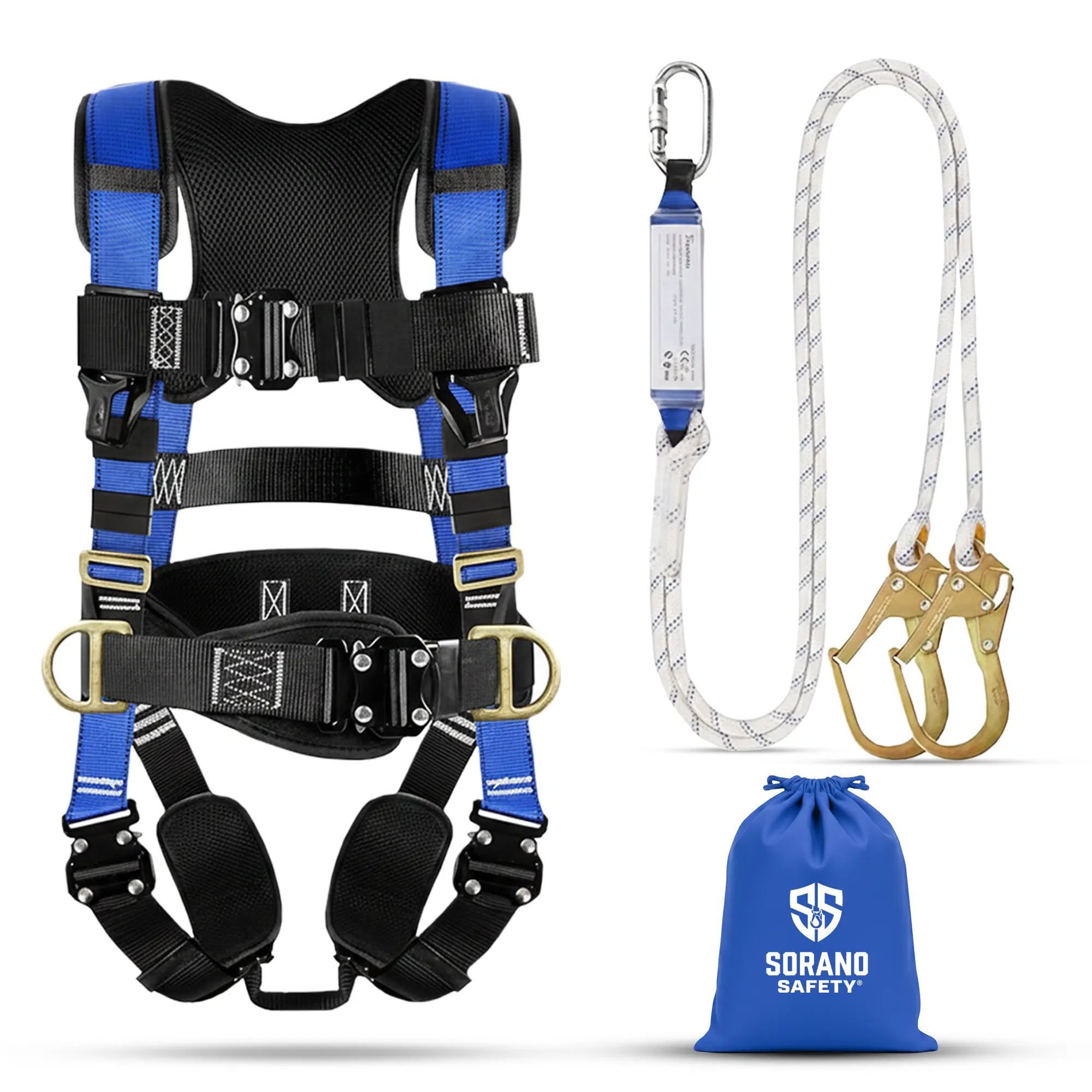 SORANO SAFETY Durable Protective Full Body Safety Harness, Fall Protection Roofing Gear with Shock-Absorbing Lanyard, OSHA/ANSI Compliant, Upgrade 4 Quick Buckles for Men & Women, Durable Safety Harnesses, Protective Safety Harnesses