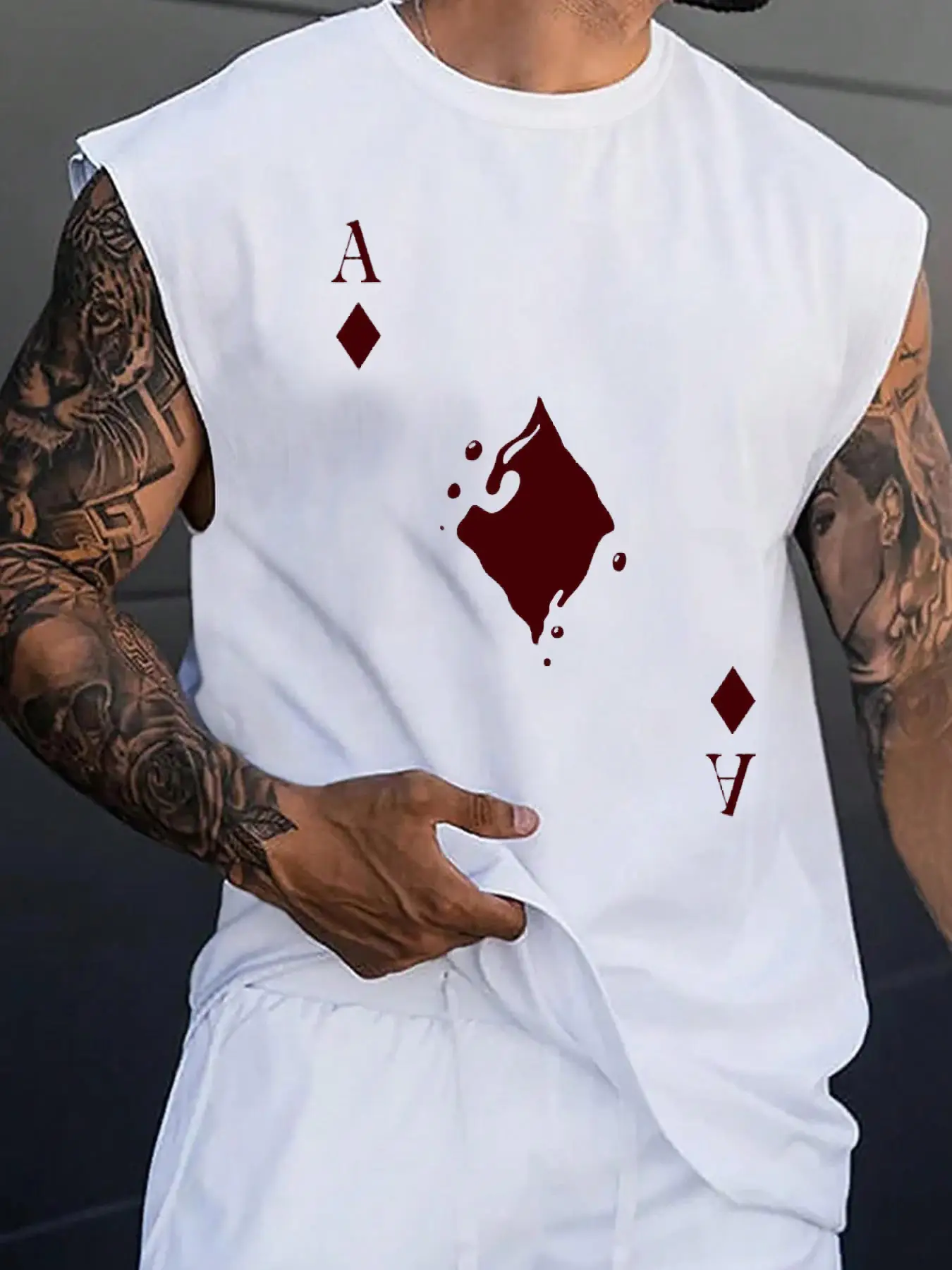 Men's Playing Card Print Round Neck Sleep Tank Top, Casual Soft Comfortable Regular Fit Sleeveless Sleep Top for All Seasons, Menswear Loungewear for