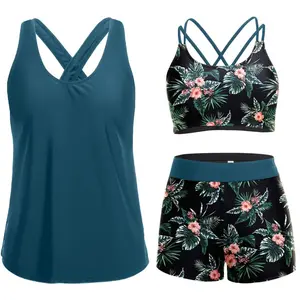 3 Piece Tankini Swimsuits for Women Tummy Control Bathing Suits Swim Tank Top with Bra Boy Shorts Teen Swimwear