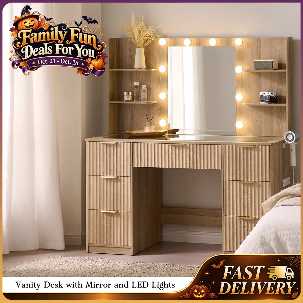 AMERLIFE 36.2/45"/47.2 Fluted Vanity Desk with Mirror and Adjustable LED Lights, Large 4/7 Drawers Makeup Table with Glass Top and Charging Station for Women and Girls, Bedroom or Dorm/Christmas Gifts/Best Gift Ideas/Cozy Home