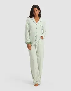 Women's Bamboo Stretch-Knit Long Sleeve Pajama Set - Market Stripe in Divi Green