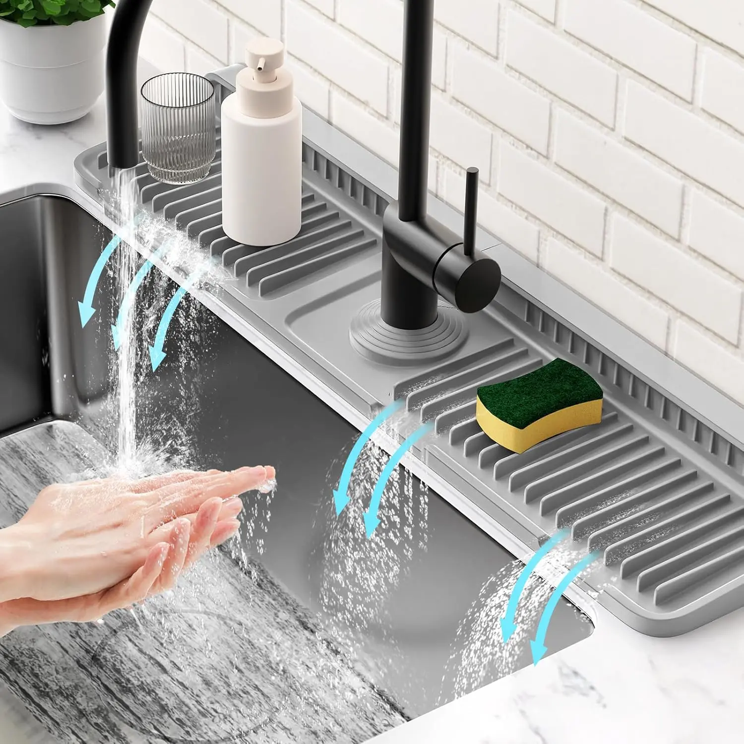 24 inch Faucet Mat for Kitchen Sink Splash Guard Gutter, 7° Slope Silicone Sink Water Splash Proof Guard for Home Kitchen Sink Area with Snap Button, Longer Sink Protectors for kitchen Sink Sponge Holder