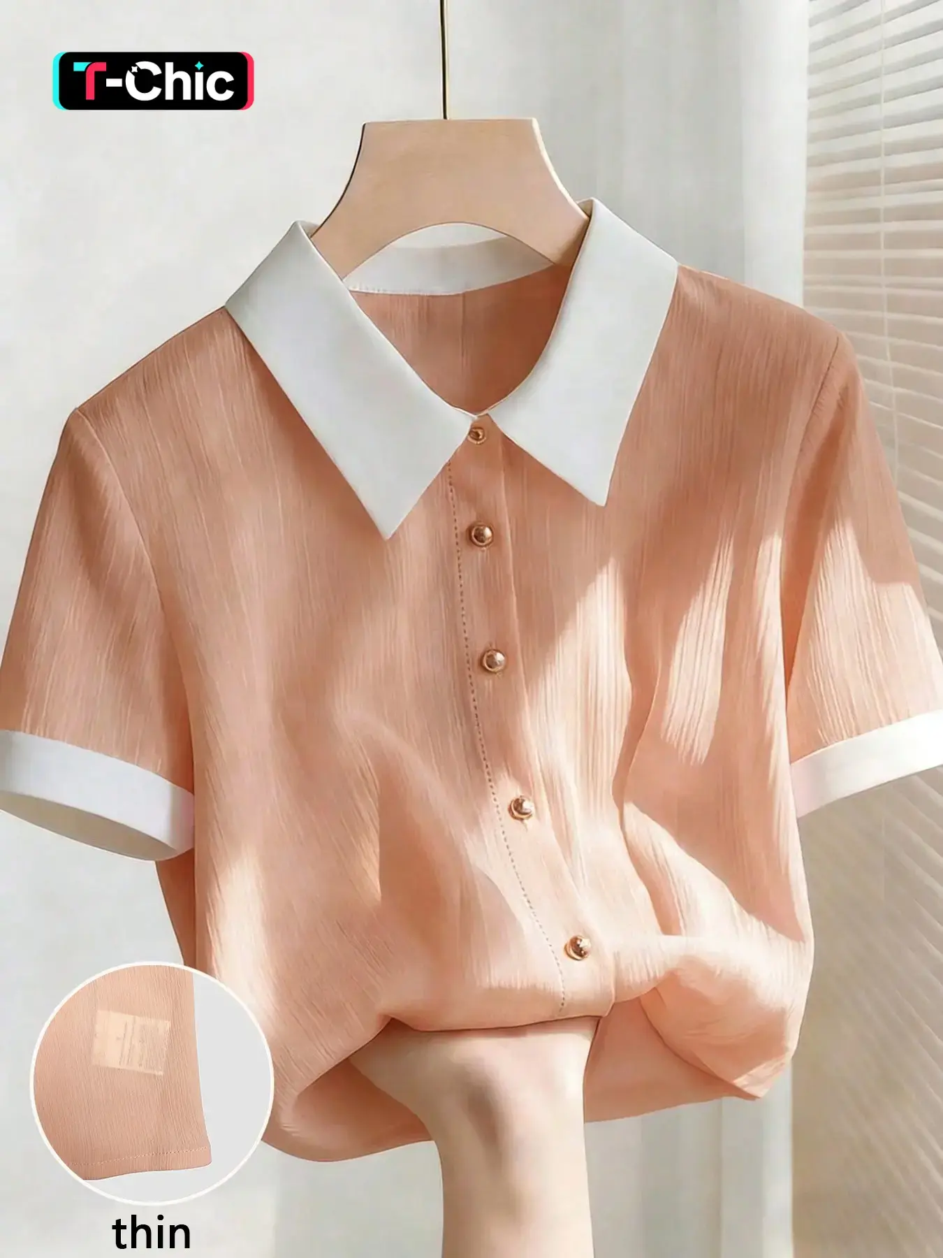 Women's Contrast Collar Crinkled Textured Fitted Blouse Tops Shirt, Casual Fashion Collared, Pointed Lapel, Short Sleeves, Front Gold-Tone Button Placket, Breathable Woven Fabric, Daily Casual Office Commute Date Wear, Commuter Style