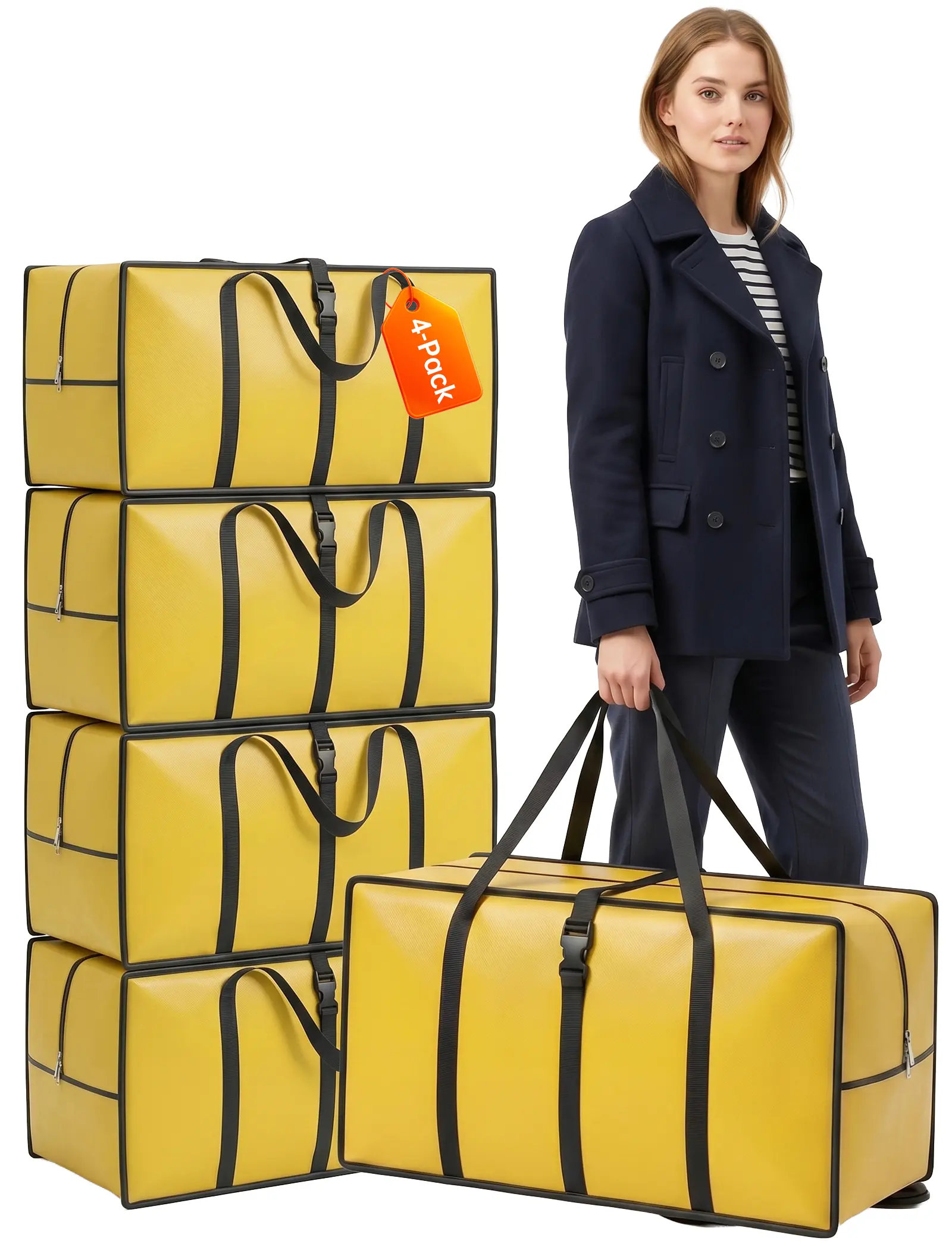 NiHome Heavy Duty Moving Bags, 92L Large Moving Bags for Moving House, Extra Large Strong Packing Bags with Zip Opening and Wrap-Around Handles, Reusable Storage Bags, Yellow