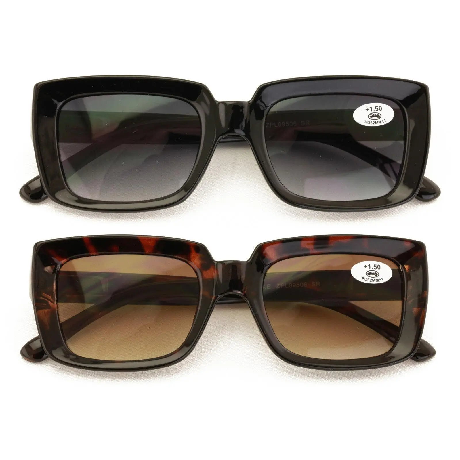2 Pairs Women Outdoor Reading Sunglasses Rectangular Full Lens Readers Gradient