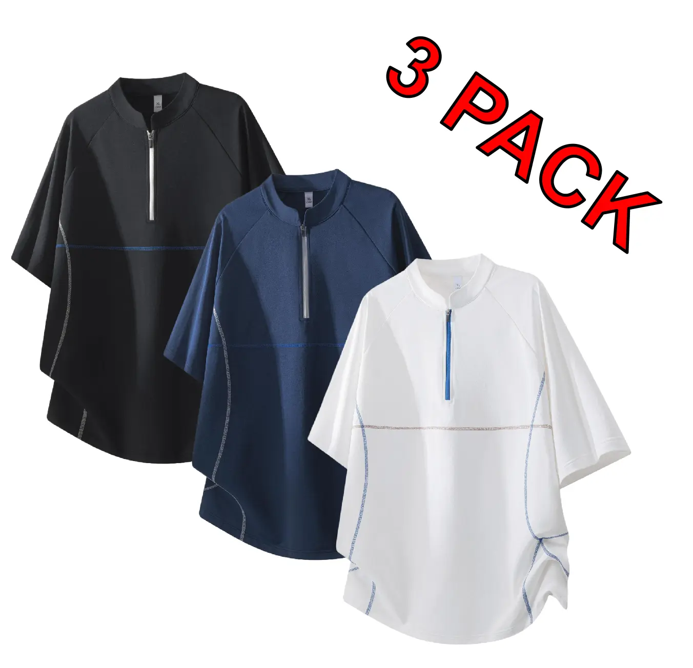 Men’s 3-pack short-sleeve T-shirts with a half zipper, contrast stitching, and raglan sleeves; lightweight, breathable casual tops available in multiple colors, suitable for summer and outdoor activities.