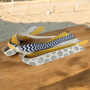 Yellow Gold , White & Royal Blue Volleyball Glitter Ponytail Hair Tie, Ribbon Bow for Girls Team