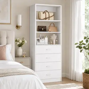21.3" W Freestanding Closet System with 4 Drawers and Adjustable Shelves, Wood Walk-in Closet Organizer Tall Wardrobe Bedroom Armoire Storage Unit