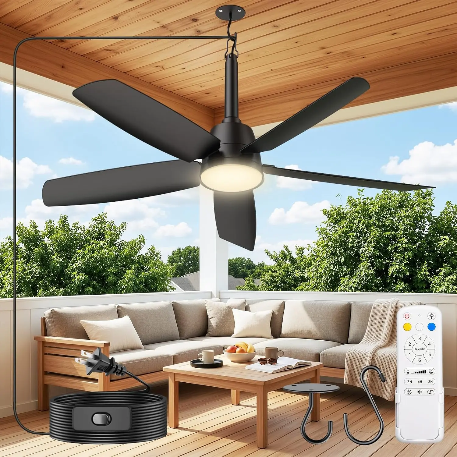 36 Inch Outdoor Ceiling Fan with Light, Plug-in Ceiling Fan for Patio Gazebo Porch, Remote Control, Dimmable LED, 6 Speeds Remote Control, Reversible DC Motor, IP65 Waterproof Black summer Fan，Can be used both indoors and outdoors, Decks, Lights, Modern