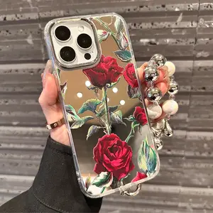 2-in-1 Mirror Phone Case, Red Rose Pattern Phone Case, Anti Drop Decorative Phone Protector, Cell Phone Accessories for iPhone 16 15 14 13 12 11 XS X and other series cases, can be used as a gift for friends or family members Cover Protection