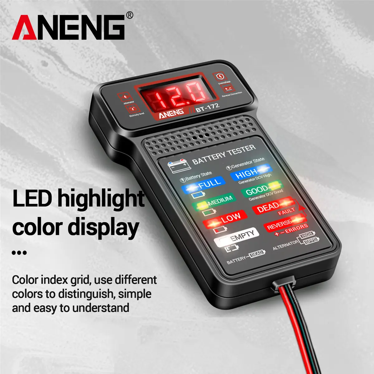 ANENG BT172 12V Car Battery Tester & Alternator Analyzer Vehicle Scanner Tool with LED Display Screen, Reverse Polarity Protection, Overvoltage Protection, Dual Fuses, Insulated 2 Probes, Compact Device for Trucks, RVs