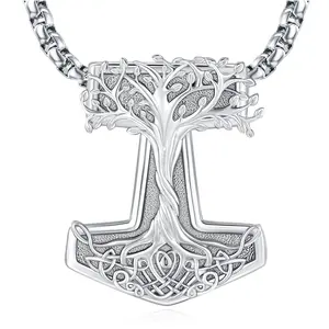 925 Sterling Silver Viking Jewelry Mjolnir Thors Hammer Necklace Vegvisir Yggdrasil Tree of Life Design Nordic Viking Gifts for Men Women