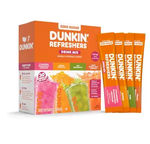 Dunkin’ Refreshers Singles To Go! Powdered drink mix packets, 30 Ct Variety Pack, 30 Single serve Packets per Box (30 servings), Energy from Green Tea, aspartame-free, no synthetic colors, naturally and artificially flavored, just add water