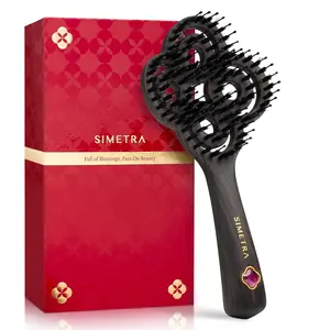 SIMETRA Natural Amethyst Crystal Inlay Boar Bristle Hair Brush,  Detangling Wet Brush, 4-Clover Hollow Massage Comb for Volumizing Flat Hair & Frizz Control