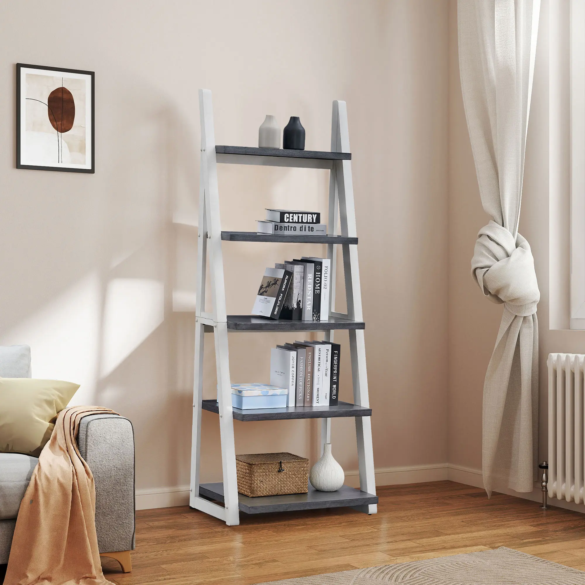 5-Tier Wooden Ladder Bookcase with Rubber Wood Frame, Multi-Functional Storage Rack for Living Room, Home Office, Bedroom