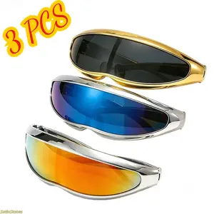 3-Pack: Brand New Upgraded Edition — TikTok Viral Y2K Futuristic Sunglasses (Unisex) — Cyberpunk Goggle-Style Visors & Metallic Wrap-Around Party Eyewear. The 2026 Trendy Streetwear "Space Age" Sunshades—Perfectly Paired with Reflective Safety Helmets, Po