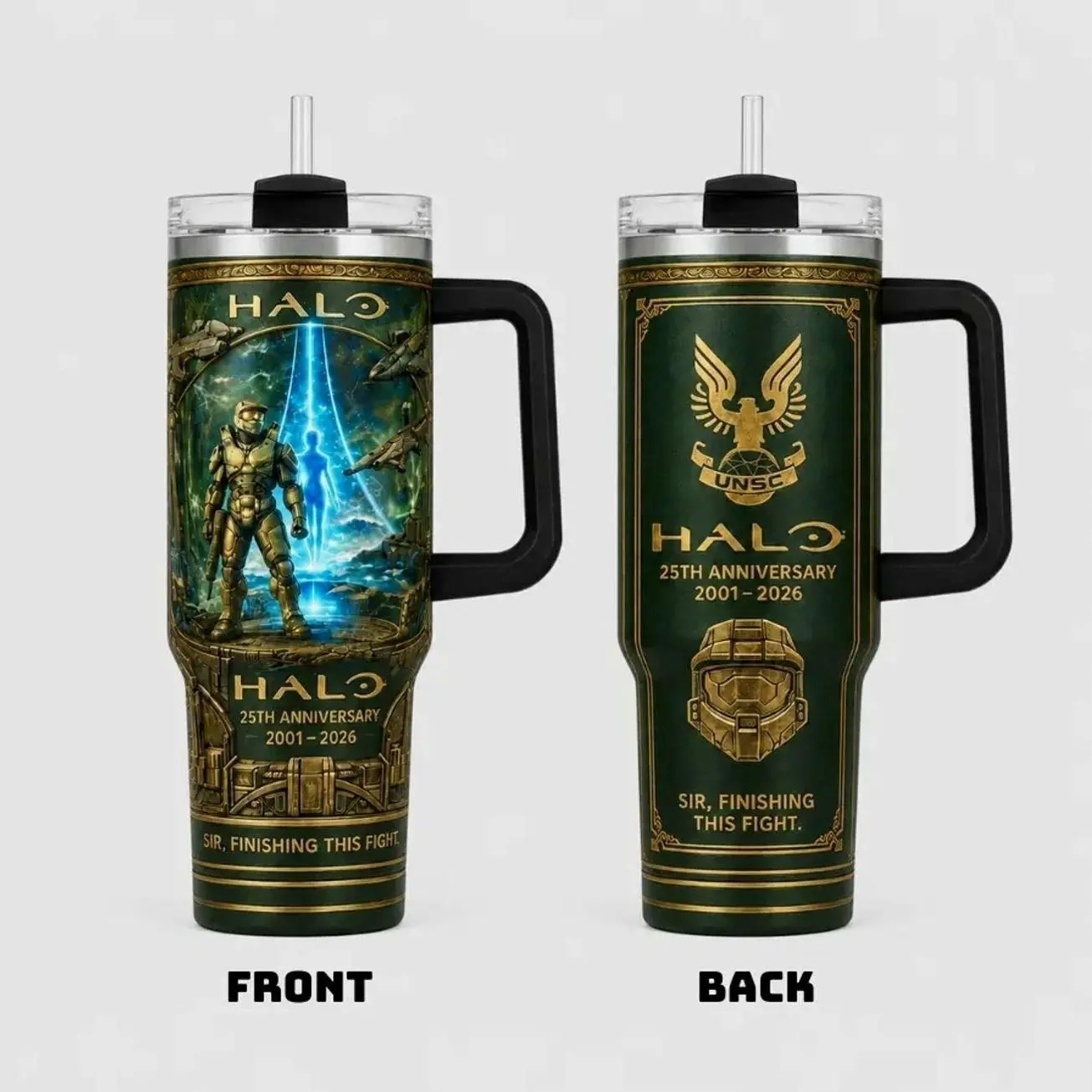 Halo 25th Anniversary Tumbler 40oz, UNSC Master Chief Travel Mug with Handle, Gamer Gift for Him, Sci-Fi Fan Birthday Gift