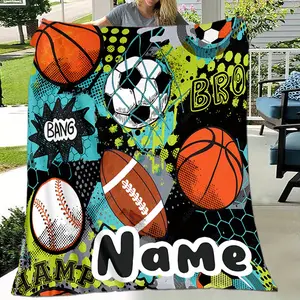 Custom Name Cartoon Sports Theme Flannel Blanket - 3D Digital Print Football Basketball Baseball Design, Soft Non-Shedding Personalized Gift, Suitable for Camping Travel Christmas, Classmates and Family, Game Room Decoration, Durable Edges, Fun Design, Ch