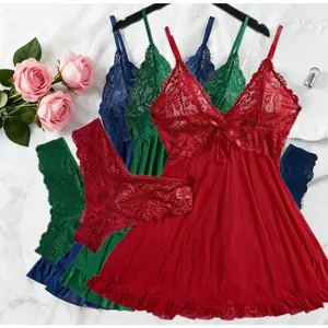 [Sexy Lingerie Set] 3pcs Sexy Lingerie Set For Women | Red Blue Black Net Fabric Nightgown, Strap Nightgown - Suitable For Sheer Nighty Pajamas Nightgowns Halter Dress Women Sleepwear Sexy Bra Nightdress Thong Sets