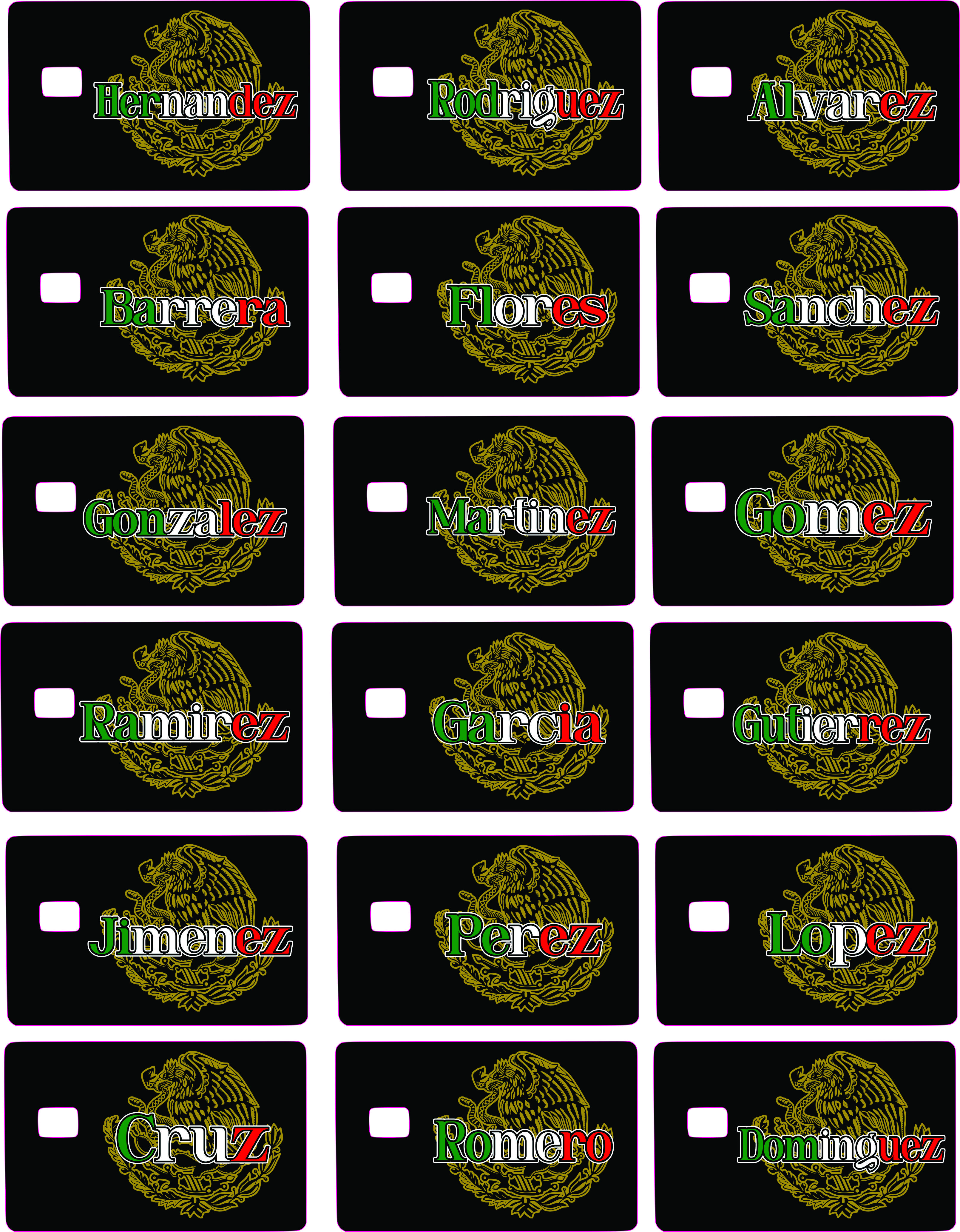 Mexican Lastnames Credit Card Sticker - Collection of Popular Surnames with National Emblem Design