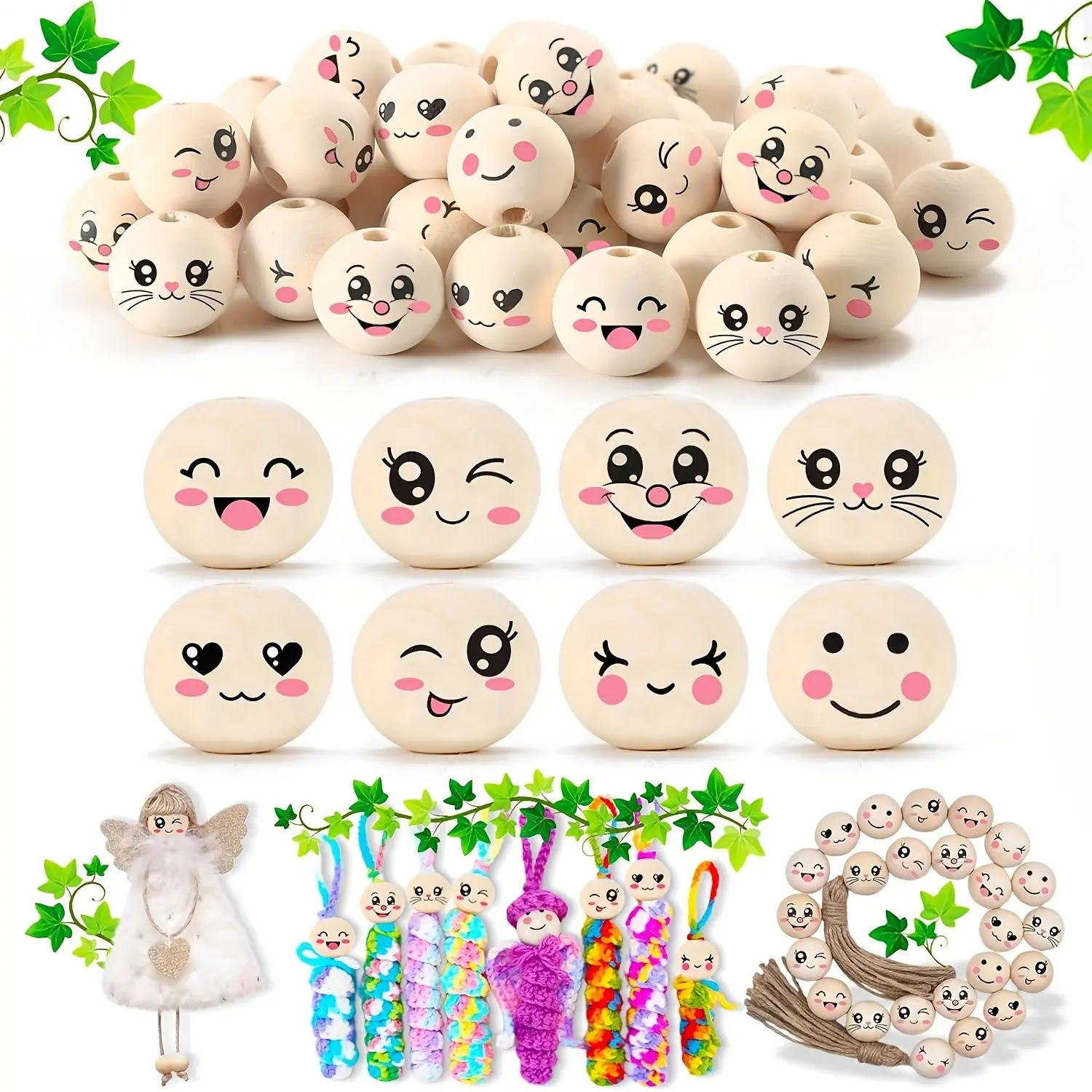 40pcs Wooden Beads, 8 Random Styles, Cute Face Patterns, 20mm DIY Keychain Craft Supplies, Hole Punched Smiling Faces, Handmade Jewelry Making, Beads For Crafts