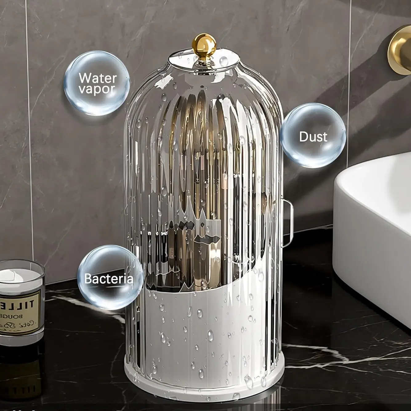Toothbrush Holders with Dustproof Cover, 360 Rotating Toothbrush and Toothpaste Holder for Bathroom Countertop, 3 Slots Transparent Makeup Brushes Organizer for Vanity Makeup Brushes Holder summerwins